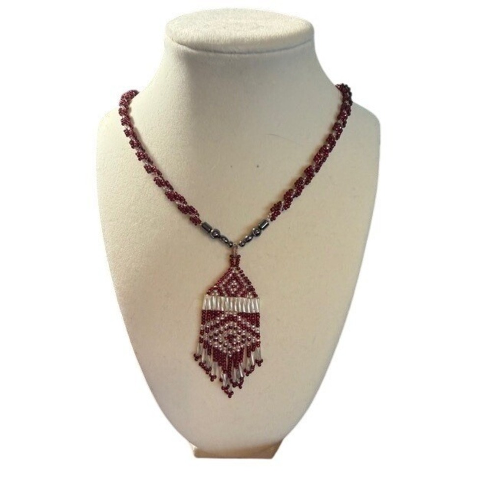 Handmade Beaded Necklace Burgundy White Tassel Pendant Choker Magnetic Clasp